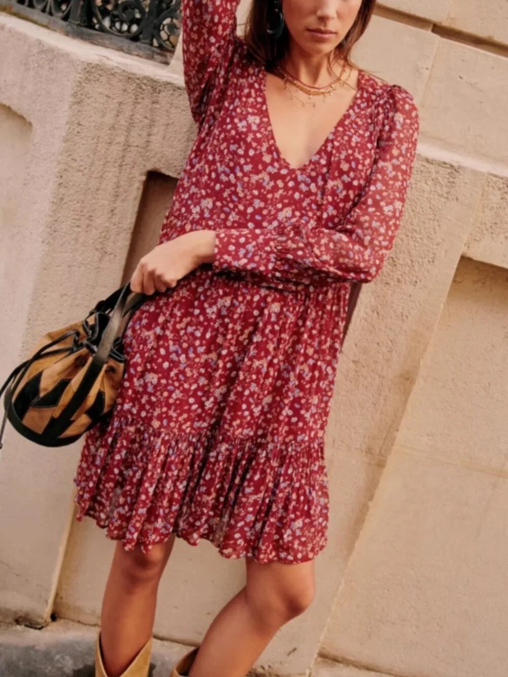 SÉZANE Aurena Burgundy Floral V-Neck Long Sleeve Dress